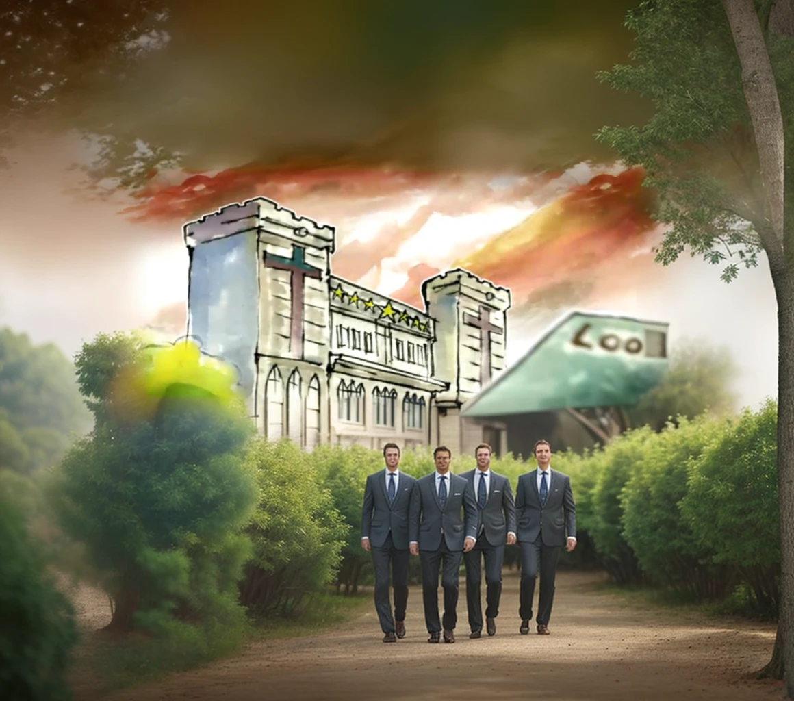seven guys in suits walking, trees, bushes