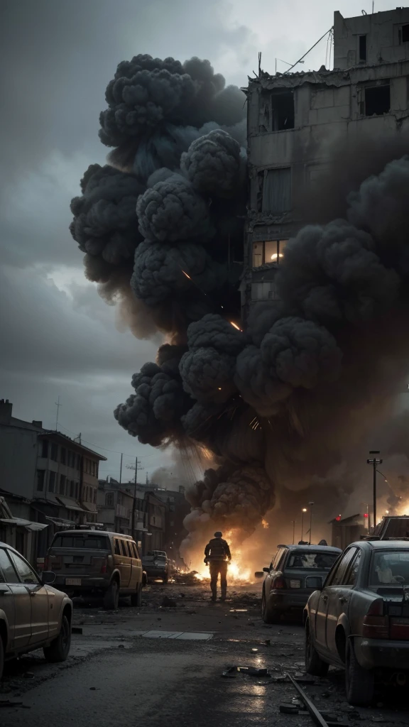 Generate a tense and dramatic scene from World War II. The image should be in black and white, resembling archival footage. Include elements like soldiers in uniform, war-torn buildings, and military vehicles. The atmosphere should be intense and suspenseful, capturing the chaos and urgency of the battlefield. Background details can include smoke, debris, and damaged structures to enhance the sense of destruction and conflict