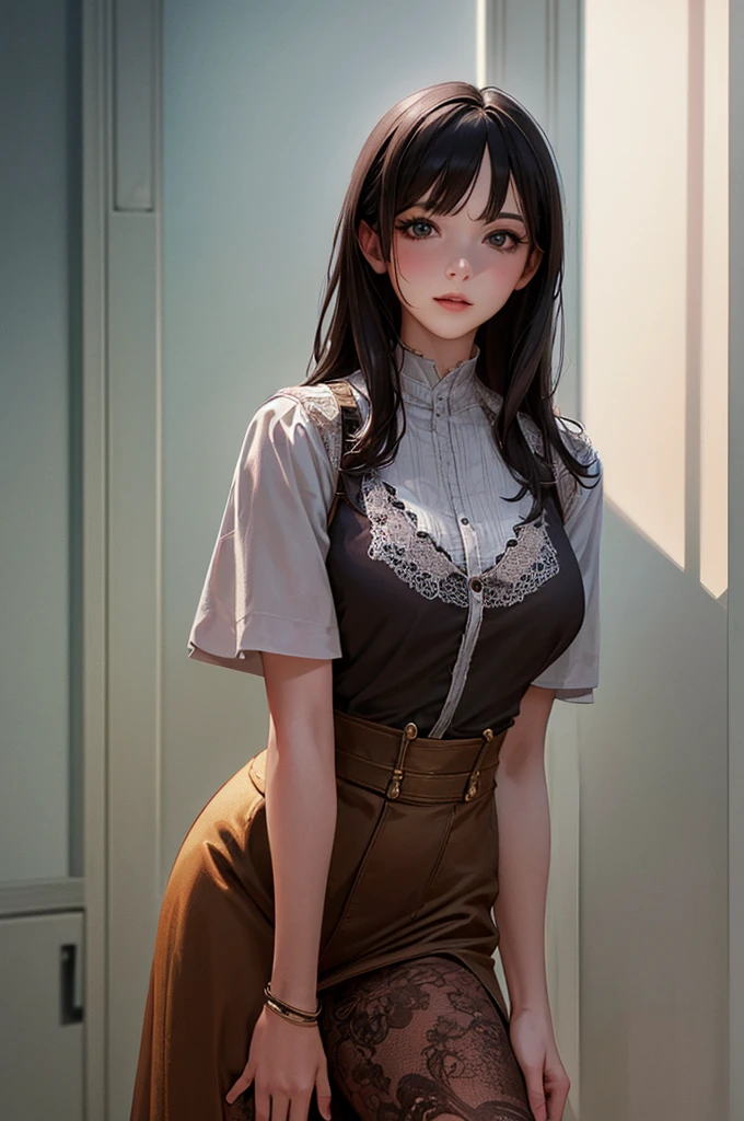 (SFW:2), photorealistic, realistic photo, 8k, ((highest quality)), ((masterpiece)), (extremely detailed), kukolnydom, doll, (mature woman, 18yo, 18 years old:1.6), solo, ((cowboy shot, standing)), skinny, slim, slender, thin body, (blouse, skirt, parted lips, green eyes, brown hair, plastic skin, looking at another, glass eyes, gradient eyes, shining eyes, detailed eyes:1.3)