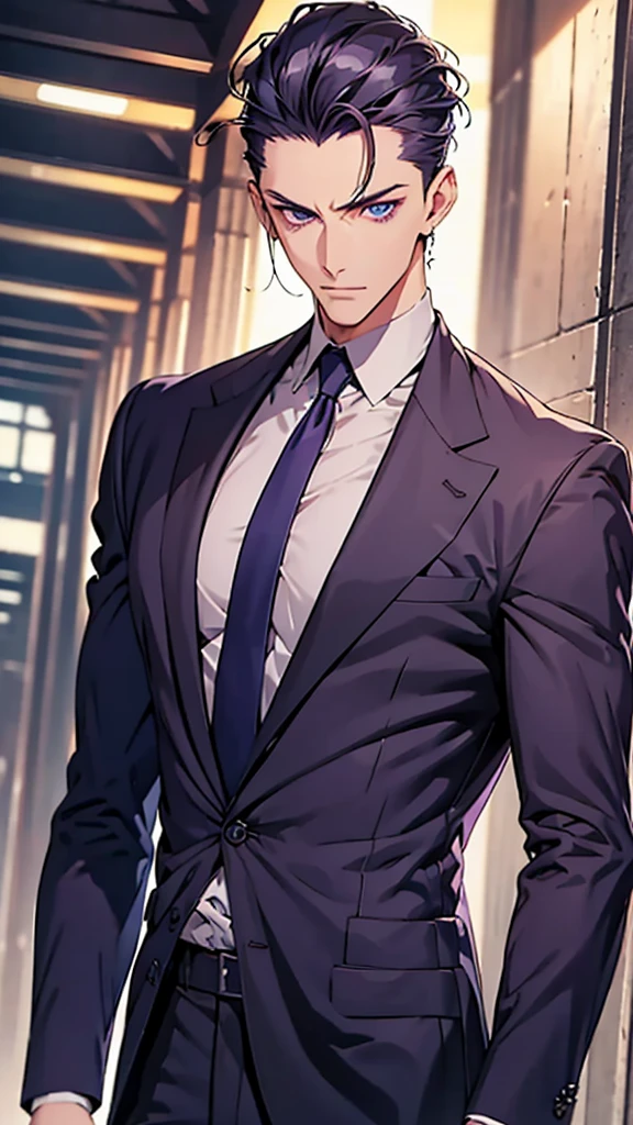 Male, blue eyes, purple slicked back hair, navy blue checkered suit, thin eyebrows, slim body, upper body