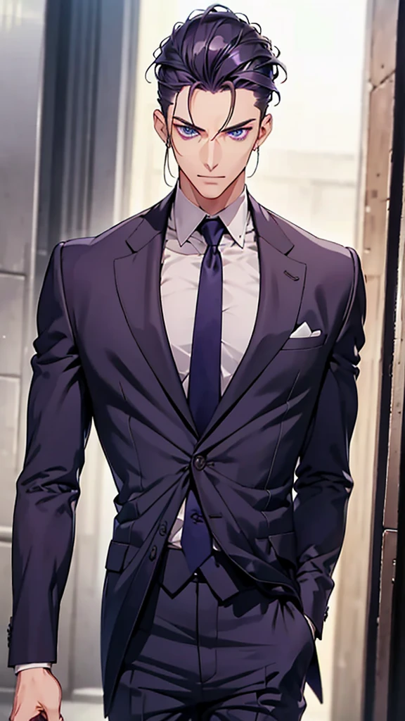Male, blue eyes, purple slicked back hair, navy blue checkered suit, thin eyebrows, slim body, upper body