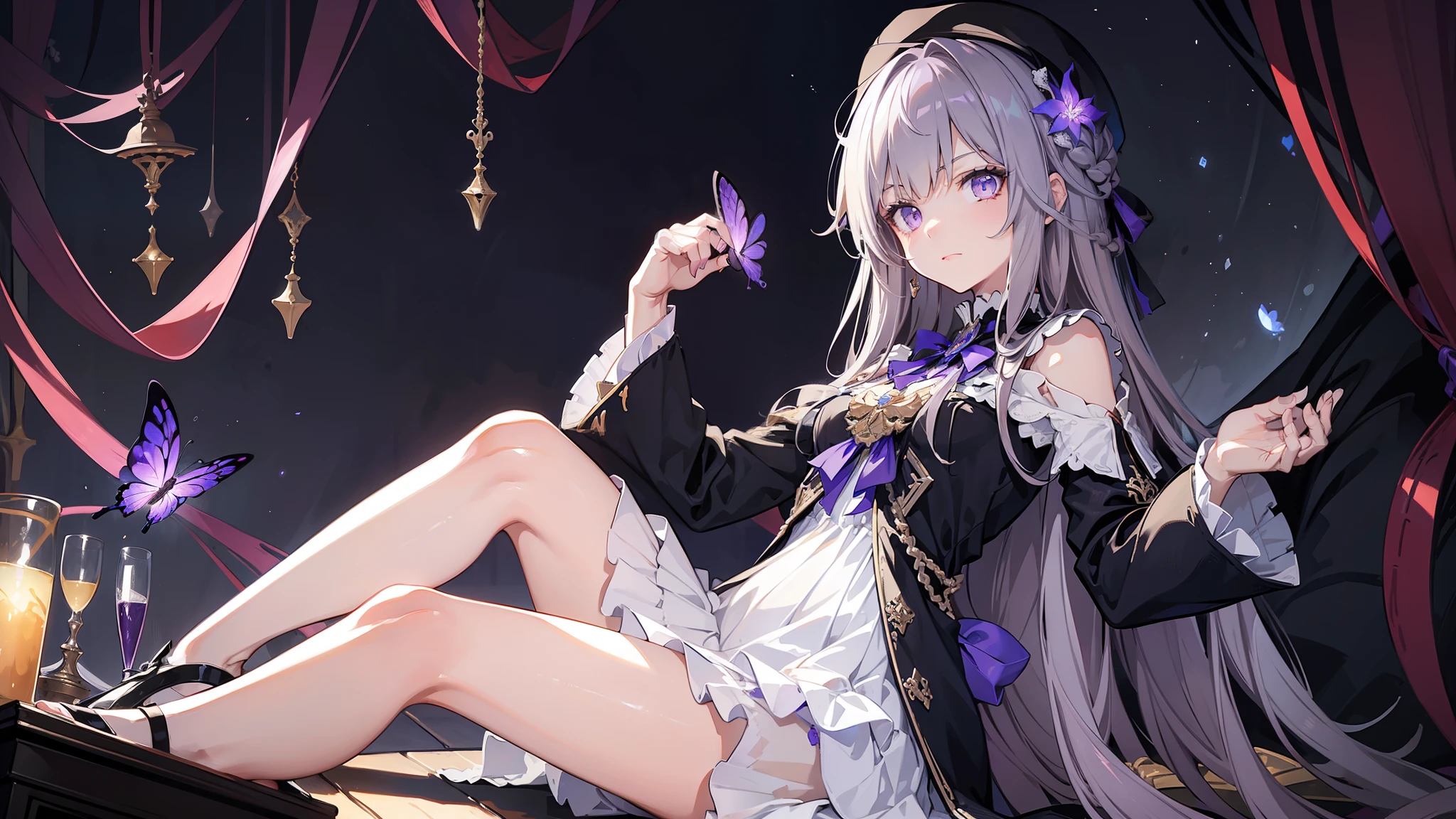 (best quality:1.3), (masterpiece:1.3), (illustration:1.3), (ultra-detailed:1.3), 1girl, solo, very young, flat chest, purple eyes, white hair, long hair, black dress, white coat, black beret, serious expression, angry expression, looking at viewer, purple flower, hair ornament, short, french braid, night sky, glowing purple butterfly, indoors, estate, mansion, wallpaper, sitting,