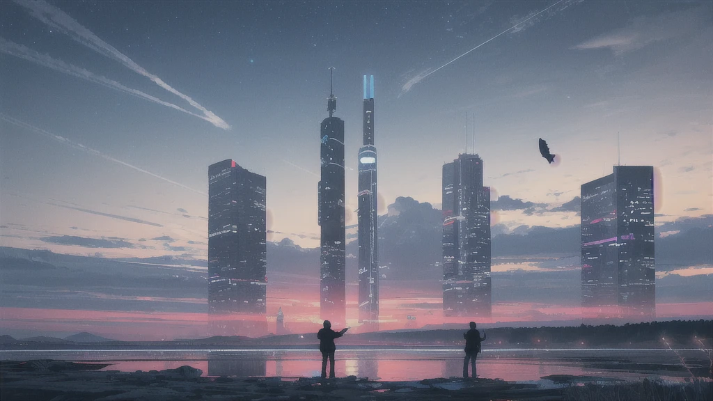 Acoustic guitar,Pitch black night sky,Octane, Star (zero), scenery, Blue parakeet,The acoustic guitar is placed in front of the body.,Star, night, Back view, Outdoor, city,river,Blue parakeet,building, cloud, Heavenly River,silhouette