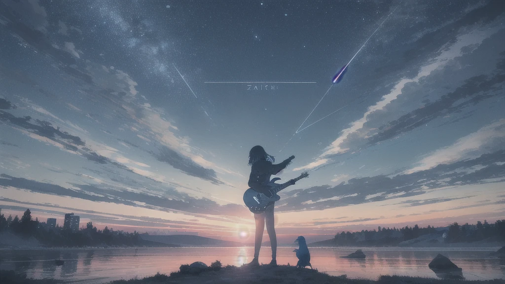 Acoustic guitar,Pitch black night sky,Octane, Star (zero), scenery, Blue parakeet,The acoustic guitar is placed in front of the body.,Star, night, Back view, Outdoor, city,river,Blue parakeet,building, cloud, Heavenly River,silhouette