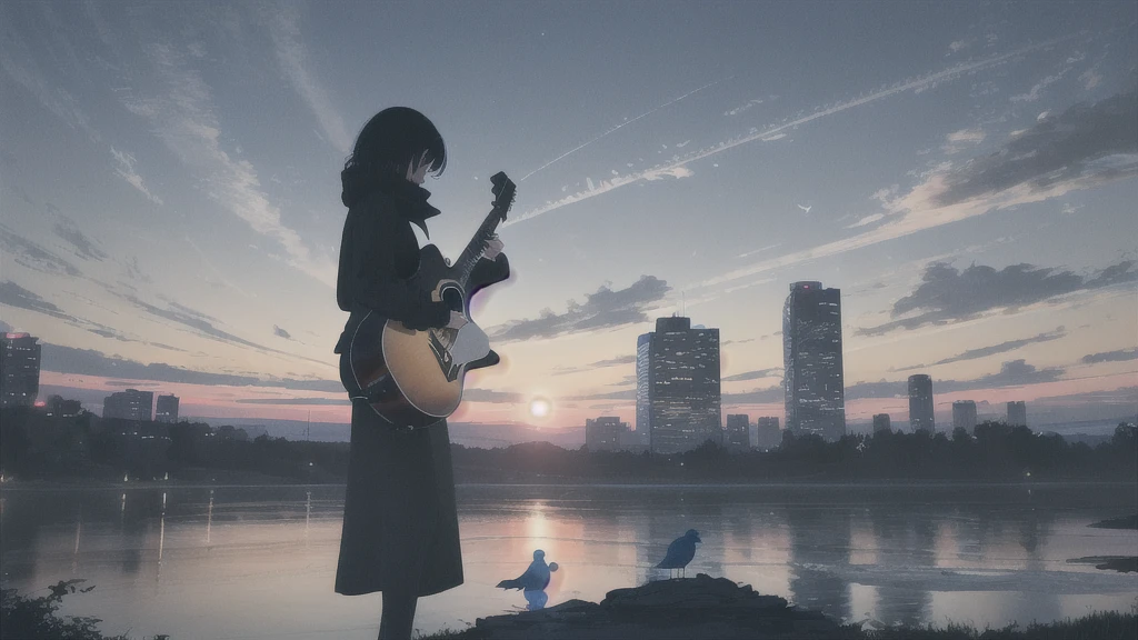 Acoustic guitar,Pitch black night sky,Octane, Star (zero), scenery, Blue parakeet,The acoustic guitar is placed in front of the body.,Star, night, Back view, Outdoor, city,river,Blue parakeet,building, cloud, Heavenly River,silhouette
