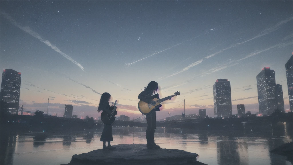 Acoustic guitar,真っ暗なnight空,Octane, star (null), scenery, Blue parakeet,Acoustic guitarは身体の前,star, night, Girl, Back view, Outdoor, city,Blue parakeet,building, cloud, milky way,silhouette