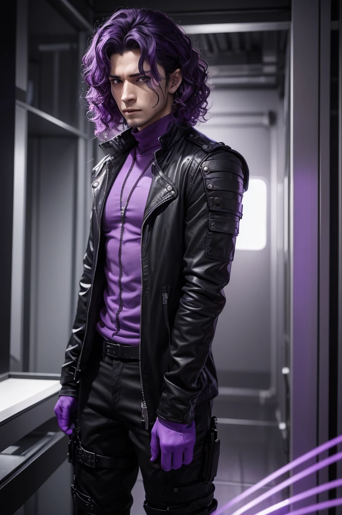 Play a man who is a bioweapon who wears black clothes, curly hair with purple tips and purple eyes