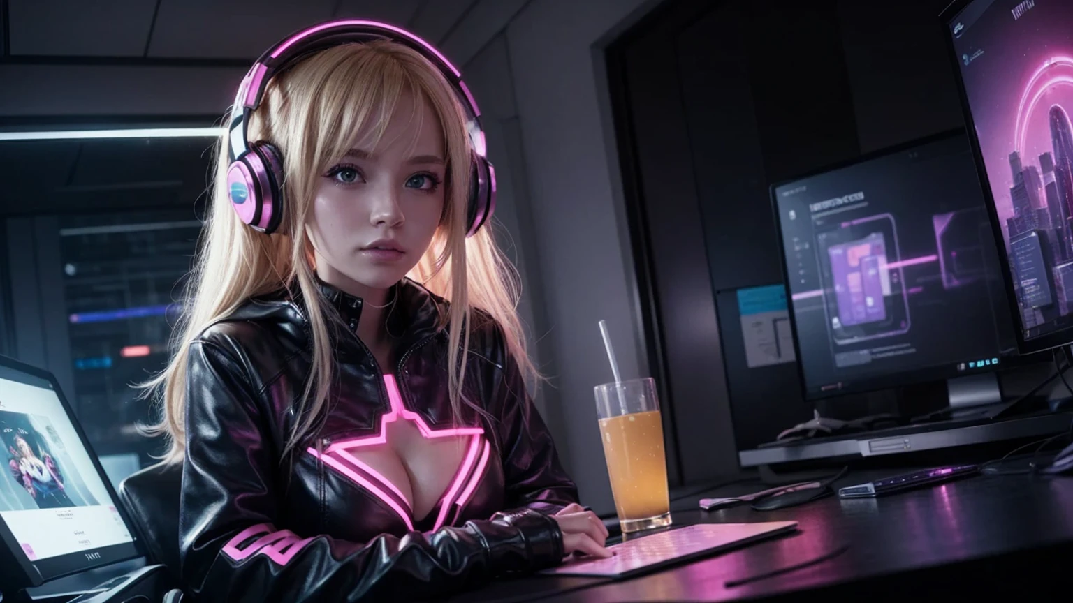 "A blonde cyberpunk woman is sitting at a study table in a futuristic room with neon pink lights. She wears technological clothes with neon details and has large, modern headphones. Around her are holograms and advanced electronic devices. The environment It is lit by soft, colorful lights, creating a cozy, lofi atmosphere. The young woman is focused on her studies, with books, notebooks and a holographic screen in front of her, while lofi music plays in the background, completing the scene with a touch of tranquility. and futurism."