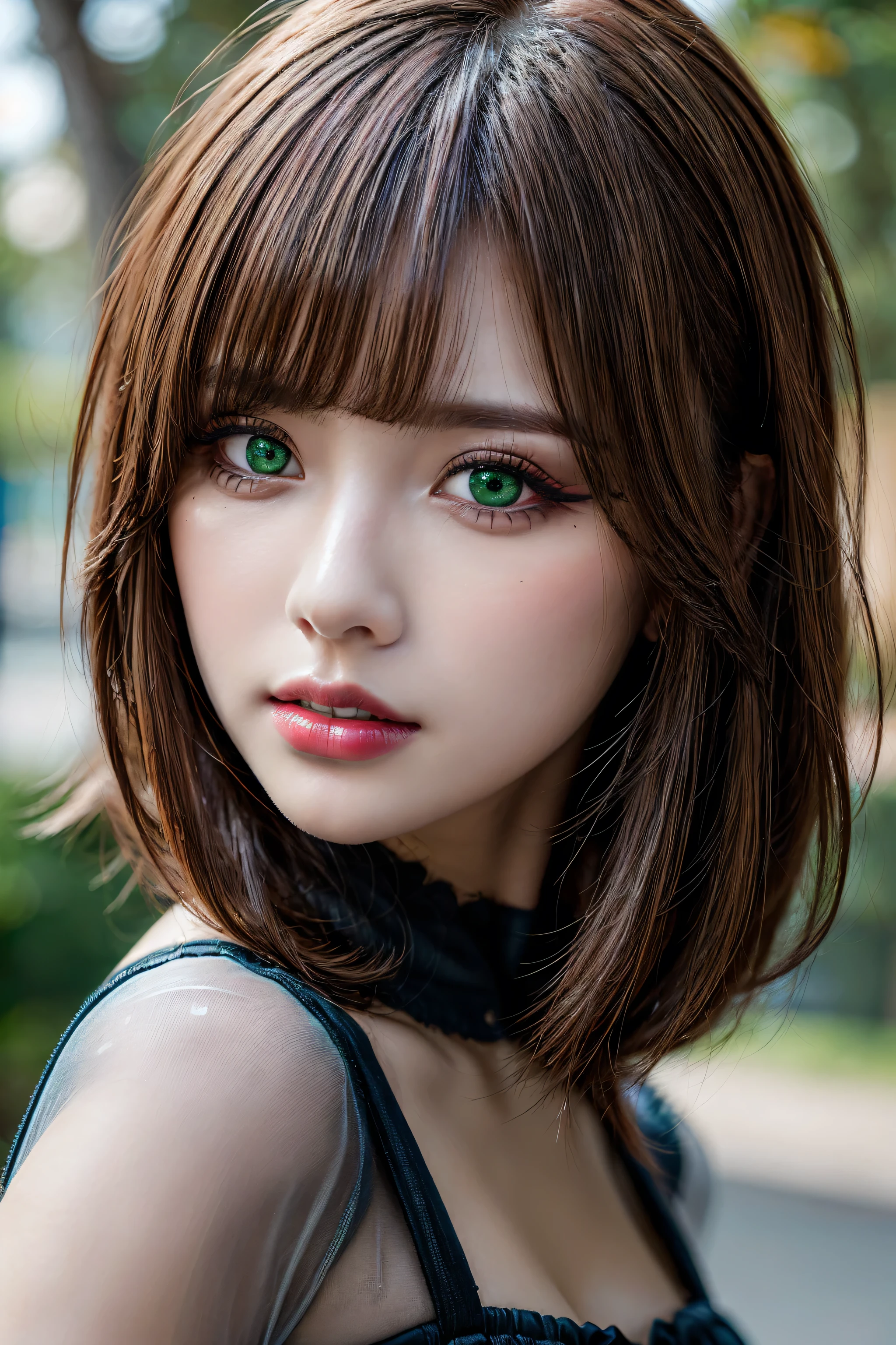 photorealism 16K realism, (Hyper-realistic proportional body, anatomically correct:1.3), ((ultra-fine digital art)), ((intricately detailed beautiful face)), (light pale complexion), BREAK, ((small round head)),(high detailed realistic Super beautiful slim and sharp-face), (best highest detailed realistic green_eyes:1.25), (Hyperrealistic - sharp real human eyes), (tired and sleepy and satisfied:0.0), (((close up of a woman's eyes:1.25)), perfect round eyes, ((finely detailed big pupils)),BREAK,detailed lips:1.3,pink_makeup:1.22, (long_blue_eyeliner:1.28), (red_lipstick:1.35),((perfect dark_eyeshadows:1.4)), (super detailed professional makeup on eyes:1.3), (Detailed nose:1.2), (best high quality real texture skin:1.3), (((red hair:1.3, ((bangs combed to the two side)), intricately details:1.35))), beautiful cheekbones, dramatic lighting, ((perfect composition)), pale skin, ((dry skin)), only 1 female, petticoats, ((high neckline)), (lace ultra details), (((detailed embroidery))), (Intricately detailed workmanship), ((unconventional skirt, transparent PVC in the shade of ORANGE:1.3)), ((Shiny ORANGE Transparent Holographic Full Bodysuit: 1.2)), cinematic light, detailed background of a large park with trees, dynamic pose, ((no decorations in the hair)), (dark shot:1.1), (firm normal full breasts), 
