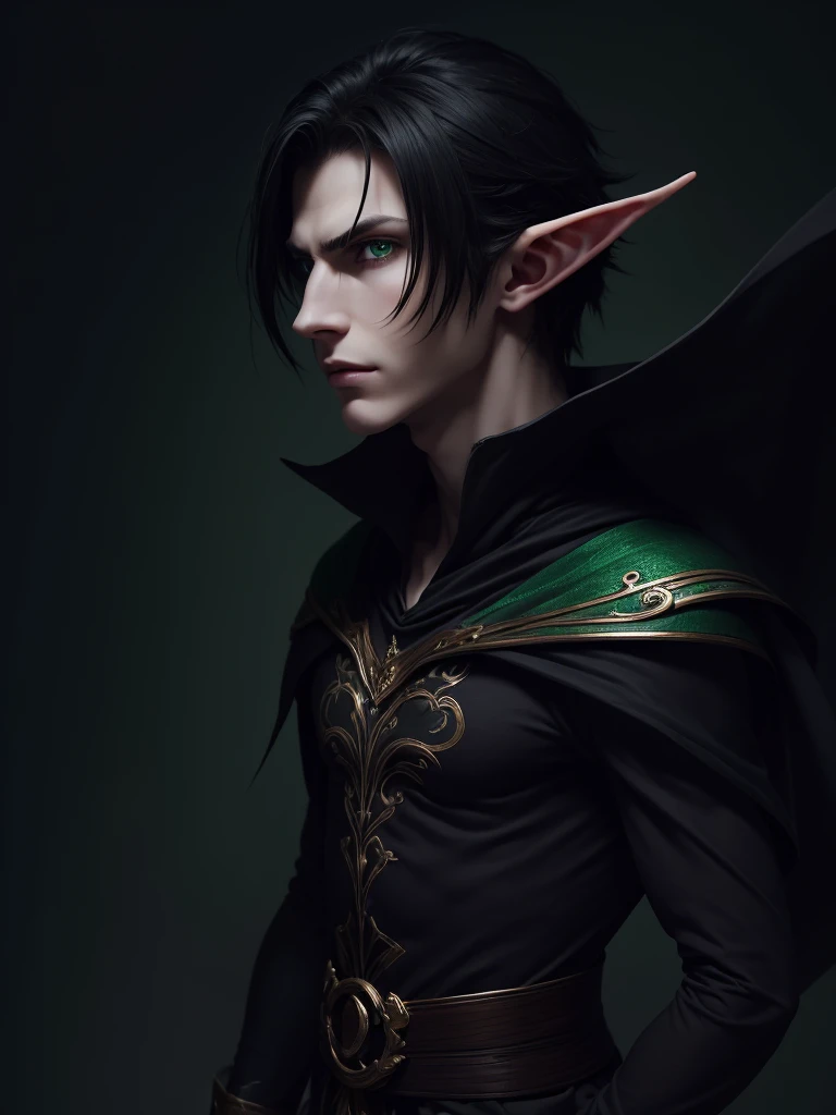 (best quality), 1boy, male, pale skin, black hair, medium hair, curtain hair, tousled hair, green eyes, perfect eyes, dark circles under eyes, tall, slender, handsome, strong jawline, lazy, light smile, attractive, (elf), pointed ears, fantasy clothes, masterpiece, anatomically correct, highres
