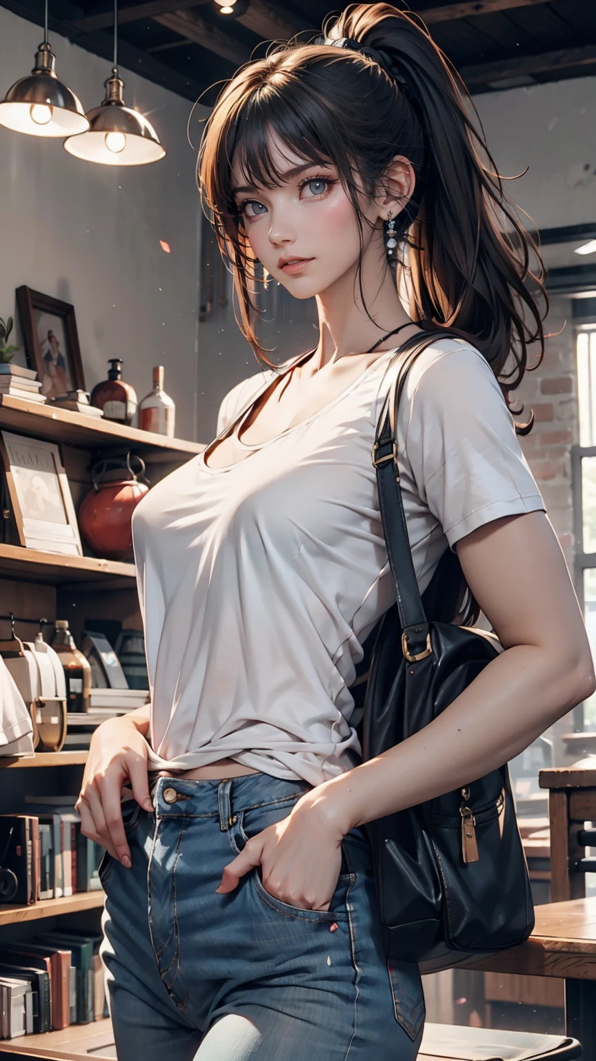 19-year-old female、Brown Hair、Iris、ponytail、Long eyelashes、Hang headphones around your neck、Sexy proportions、Narrow waist、mature female body、T-Shirts、jeans、Carrying the guitar case on your back、Inside a second-hand clothing store、Finding vintage clothing