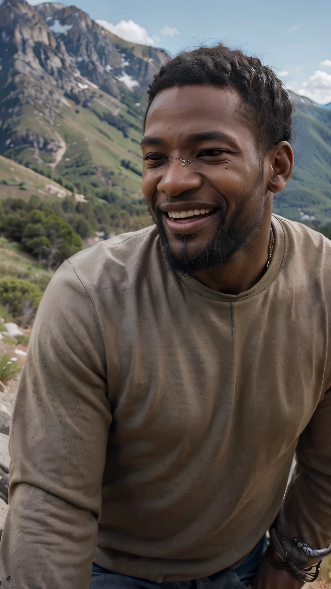 ((long distance shot:1.5)), a black man, small beard, wrinkled, weathered, with piercing eyes, laughing, detailed face, high details, climbing on the mountain, mountain on the background