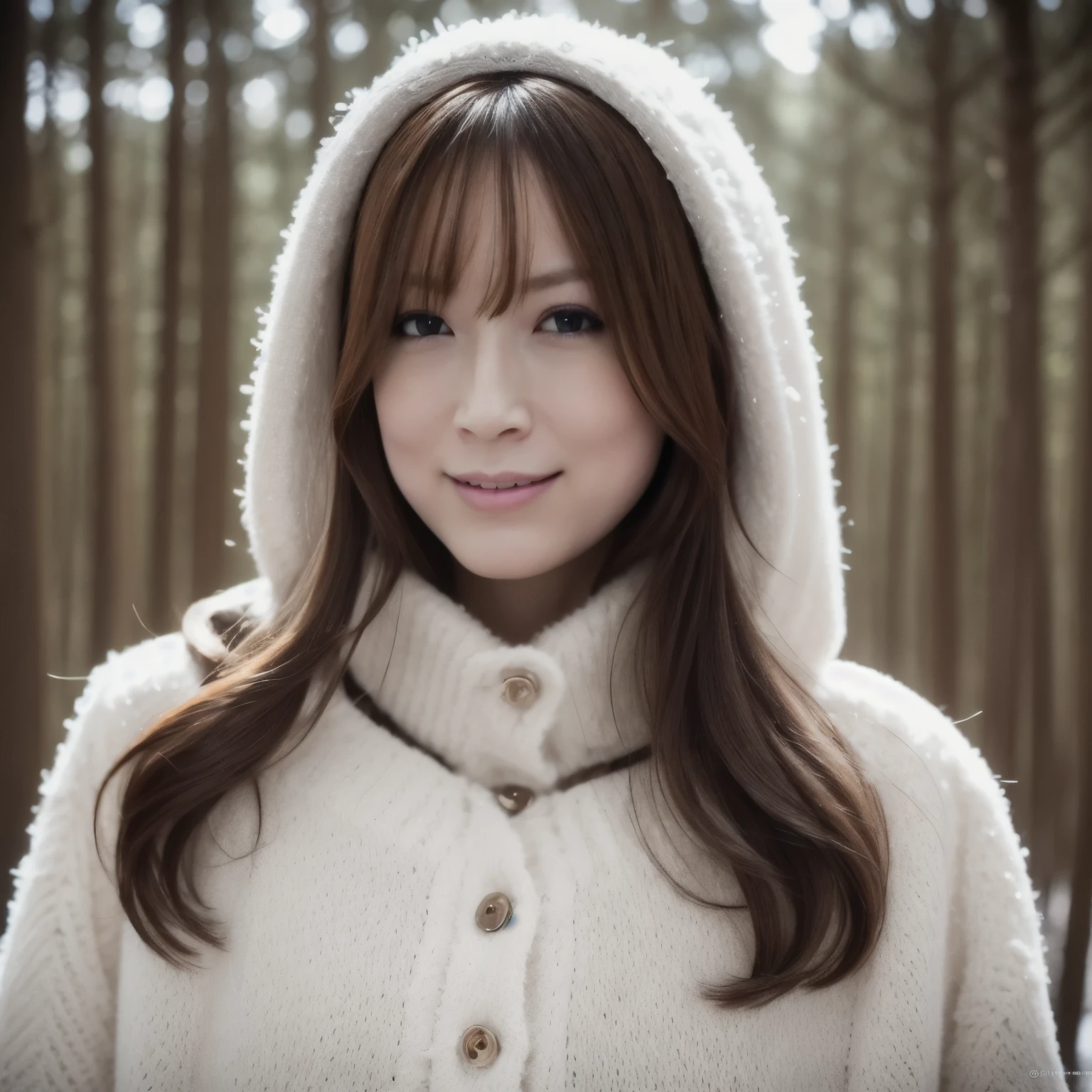 1girl in, (Wearing a white coat:1.2), (Raw photo, Best Quality), (Realistic, Photorealsitic:1.4), master piece, close up,Extremely delicate and beautiful, Extremely detailed, 2k wallpaper, amazing,((white sweater)) ,finely detail, the Extremely Detailed CG Unity 8K Wallpapers, Ultra-detailed, hight resolution, Soft light, Beautiful detailed girl, extremely detailed eye and face, beautiful detailed nose, Beautiful detailed eyes, Cinematic lighting, Winter Night View, Perfect Anatomy, Slender body, ((soft smiling)),((winter, in forest, woods)), snowfall,