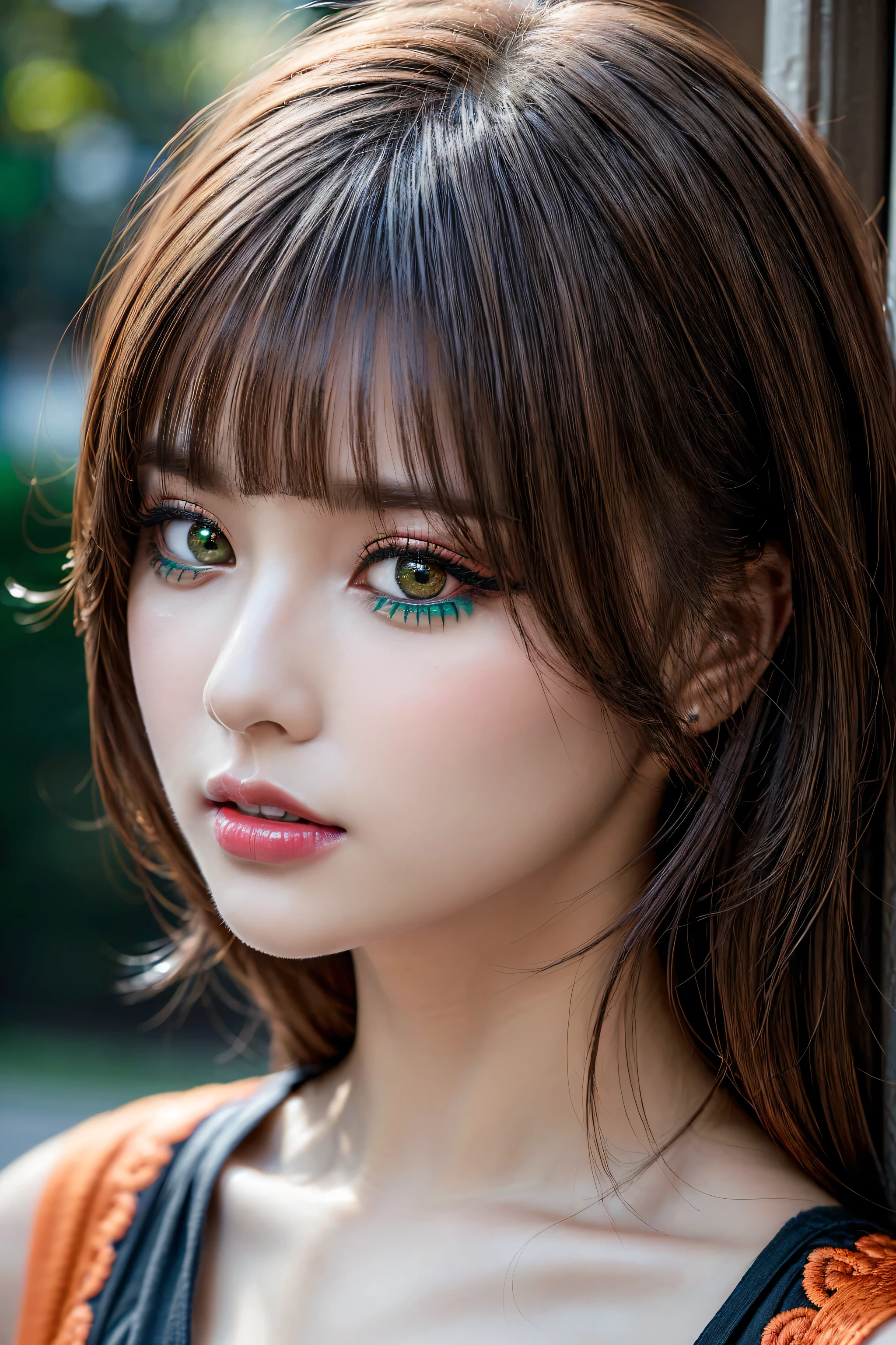 photorealism 16K realism, (Hyper-realistic proportional body, anatomically correct:1.3), ((ultra-fine digital art)), ((intricately detailed beautiful face)), (light pale complexion), BREAK, ((small round head)),(high detailed realistic Super beautiful slim and sharp-face), (best highest detailed realistic green_eyes:1.25), (Hyperrealistic - sharp real human eyes), (tired and sleepy and satisfied:0.0), (((close up of a woman's eyes:1.25)), perfect round eyes, ((finely detailed big pupils)),BREAK,detailed lips:1.3,pink_makeup:1.22, (long_blue_eyeliner:1.28), (red_lipstick:1.35),((perfect dark_eyeshadows:1.4)), (super detailed professional makeup on eyes:1.3), (Detailed nose:1.2), (best high quality real texture skin:1.3), (((red hair:1.3, ((bangs combed to the two side)), intricately details:1.35))), beautiful cheekbones, dramatic lighting, ((perfect composition)), pale skin, ((dry skin)), only 1 female, petticoats, ((high neckline)), (lace ultra details), (((detailed embroidery))), (Intricately detailed workmanship), ((unconventional skirt, transparent PVC in the shade of ORANGE:1.3)), ((Shiny ORANGE Transparent Holographic Full Bodysuit: 1.2)), cinematic light, detailed background of a large park with trees, dynamic pose, ((no decorations in the hair)), (dark shot:1.1), (firm normal full breasts), 