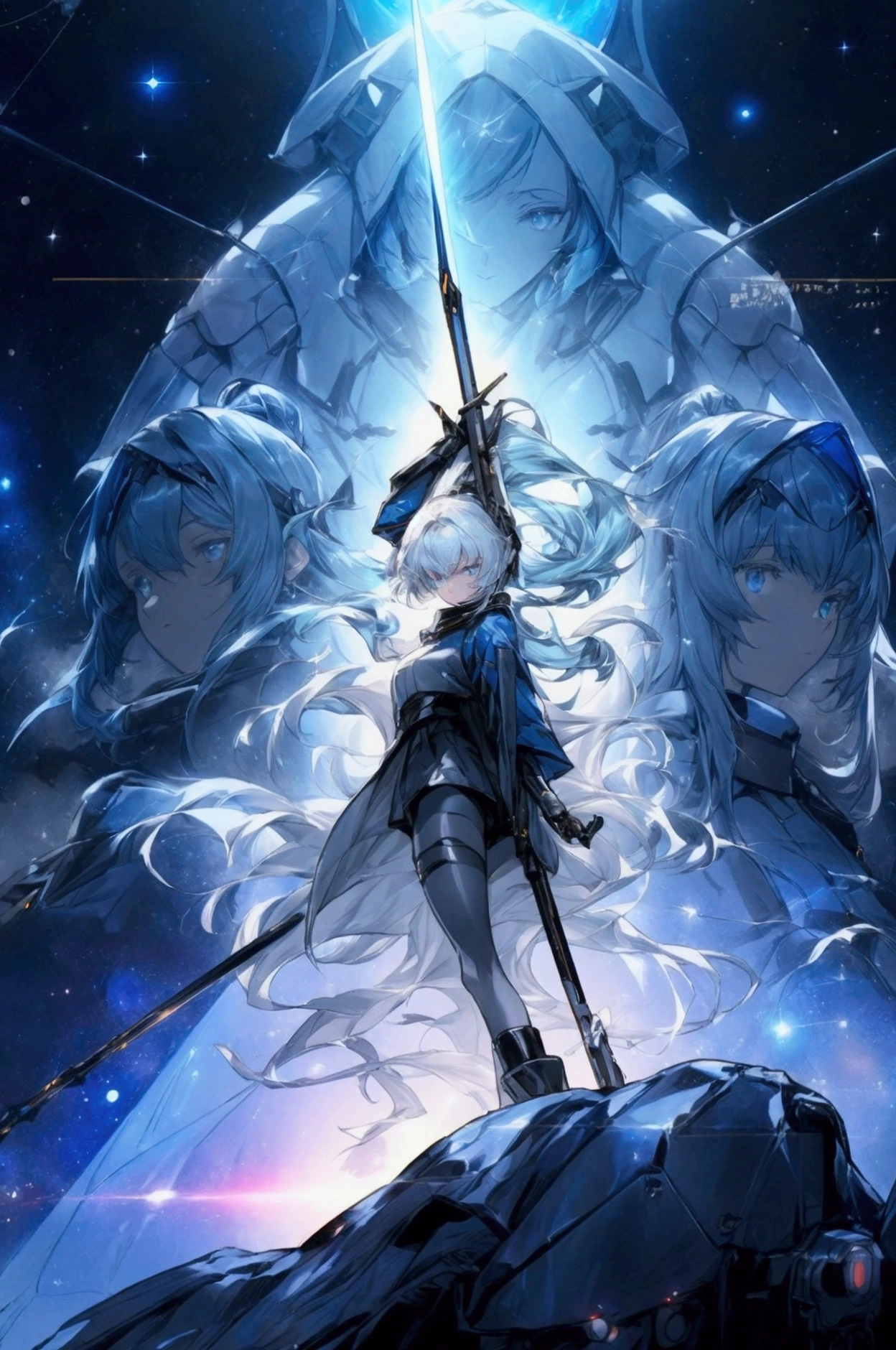 ((science fiction space fantasy)), A badass tall woman, an art of a female character standing amidst a galactic battlefront, (A female commander), ((a leader of a fleet of intergalactic armies)), White high ponytail with a glowing light blue highlights at the ends, Wielding a sword with deep blue aura, the mystical blade in her hand emitting a bright contrast blue light with a ray of energy, a futuristic intergalactic military uniform, Wearing Black shorts exposing the thighs, with a captain hat, a long simple dark boots. A masterpiece illustration, a light novel cover, best quality, best detail(Light novel illustrations), Arknights style, masterpiece, high quality, detailed.