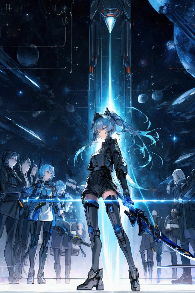 ((science fiction space fantasy)), A badass tall woman, an art of a female character standing amidst a galactic battlefront, (A female commander), ((a leader of a fleet of intergalactic armies)), White high ponytail with a glowing light blue highlights at the ends, Wielding a sword with deep blue aura, the mystical blade in her hand emitting a bright contrast blue light with a ray of energy, a futuristic intergalactic military uniform, Wearing Black shorts exposing the thighs, with a captain hat, a long simple dark boots. A masterpiece illustration, a light novel cover, best quality, best detail(Light novel illustrations), Arknights style, masterpiece, high quality, detailed.