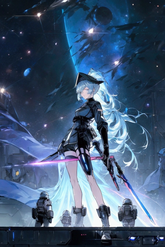 ((science fiction space fantasy)), A badass tall woman, an art of a female character standing amidst a galactic battlefront, (A female commander), ((a leader of a fleet of intergalactic armies)), White high ponytail with a glowing light blue highlights at the ends, Wielding a sword with deep blue aura, the mystical blade in her hand emitting a bright contrast blue light with a ray of energy, a futuristic intergalactic military uniform, Wearing Black shorts exposing the thighs, with a captain hat, a long simple dark boots. A masterpiece illustration, a light novel cover, best quality, best detail(Light novel illustrations), Arknights style, masterpiece, high quality, detailed.