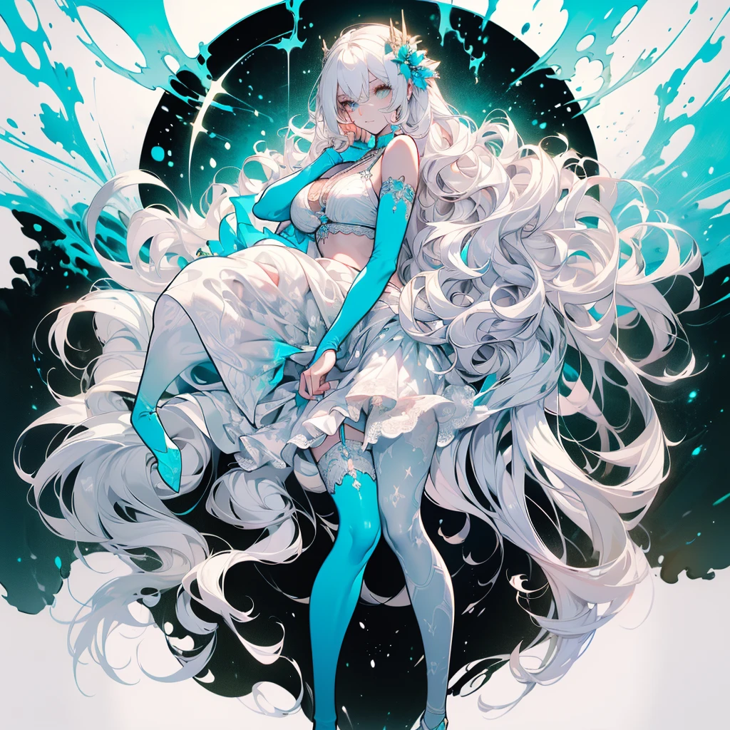 ((masterpiece, best quality)), Delicate face，Snake Woman，Full body painting，Perfect body proportions，Long legs，((Long wavy hair)), ((Half of her hair is white，The other half is cyan，Available in two colors))，beautiful eyes，Fantasy style，White background，transparent，Sexy bikini，Lace，Garter