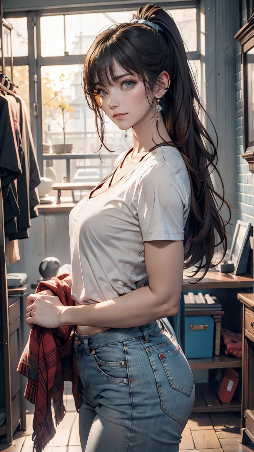最high quality, 8K, masterpiece: 1.3, Ultra HD, high quality, 最high quality, High resolution, realism)) 、25-year-old Caucasian female、Brunette、blue eyes、Long Hair、smile、thin、thinだがアスリートのような細マッチョ、I'I don't want my head to disappear from the screen..、Wear accessories on your wrist、Wearing red nail polish、Having a pedicure、Wear sheer clothing, Off-the-shoulder bodycon top、Wearing Sandals、carrying a clutch bag、Skyscraper Background、Waiting for a traffic light at an intersection、Crystal Earrings((Crystal Earrings))、Inner Color((Inner hair color))、Long Hair ((Long Hair))、Dark Blonde、Bang bang as we part((Parted bangs))、Cat ear headphones((Cat ear headphones))、Background Blur((Depth of written boundary))