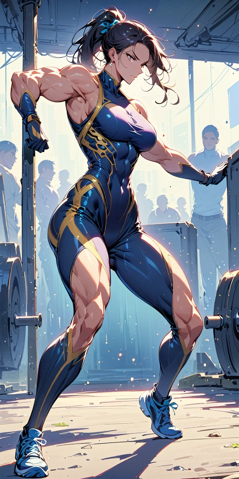 beautiful muscular woman and doing a knee strike, six pack, no men in background , tight shirt, and leggings,wearing long slender gloves that reach the bicep, full body portrait