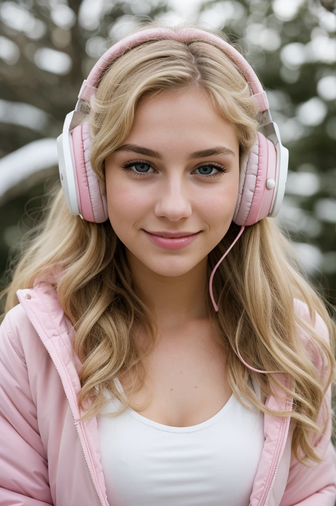 photograph of a 18 year old german girl, blonde, very attractive, long lashes, , cute, long hair, curly hair, beautiful face, face, youthful face, cute face, nice joyful smile, excited gaze, flushed cheeks, nices contoured youthful cheeks, beautiful nose, perfect nose, small nose, green eyes, perfect round eyes, realistic fine detailed eyes, hyper beautiful eyes, absolute stunning eyes, , body, medium breasts, (((wearing a open pink down winter jacket with white fleece))), (((wearing pink headphones))), waering a white tank top, pastel blue denim jeans, nice styled clothes, in winter, snowfall, Porta 160 color, shot on ARRI ALEXA 65, bokeh, sharp focus on subject, shot by Don McCullin, intense light blonde hair intense light blonde hair