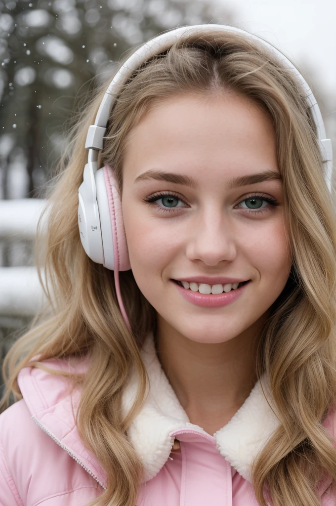 photograph of a 18 year old german girl, blonde, very attractive, long lashes, , cute, long hair, curly hair, beautiful face, face, youthful face, cute face, nice joyful smile, excited gaze, flushed cheeks, nices contoured youthful cheeks, beautiful nose, perfect nose, small nose, green eyes, perfect round eyes, realistic fine detailed eyes, hyper beautiful eyes, absolute stunning eyes, , body, medium breasts, (((wearing a open pink down winter jacket with white fleece))), (((wearing pink headphones))), waering a white tank top, pastel blue denim jeans, nice styled clothes, in winter, snowfall, Porta 160 color, shot on ARRI ALEXA 65, bokeh, sharp focus on subject, shot by Don McCullin, intense light blonde hair intense light blonde hair