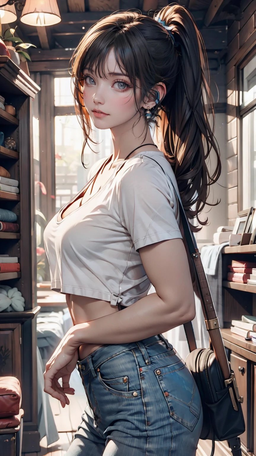 19-year-old female、Brown Hair、Iris、ponytail、Long eyelashes、Hang headphones around your neck、Sexy proportions、Narrow waist、mature female body、T-Shirts、jeans、Carrying the guitar case on your back、Inside the record shop、Record Hunting、Ear Cuff