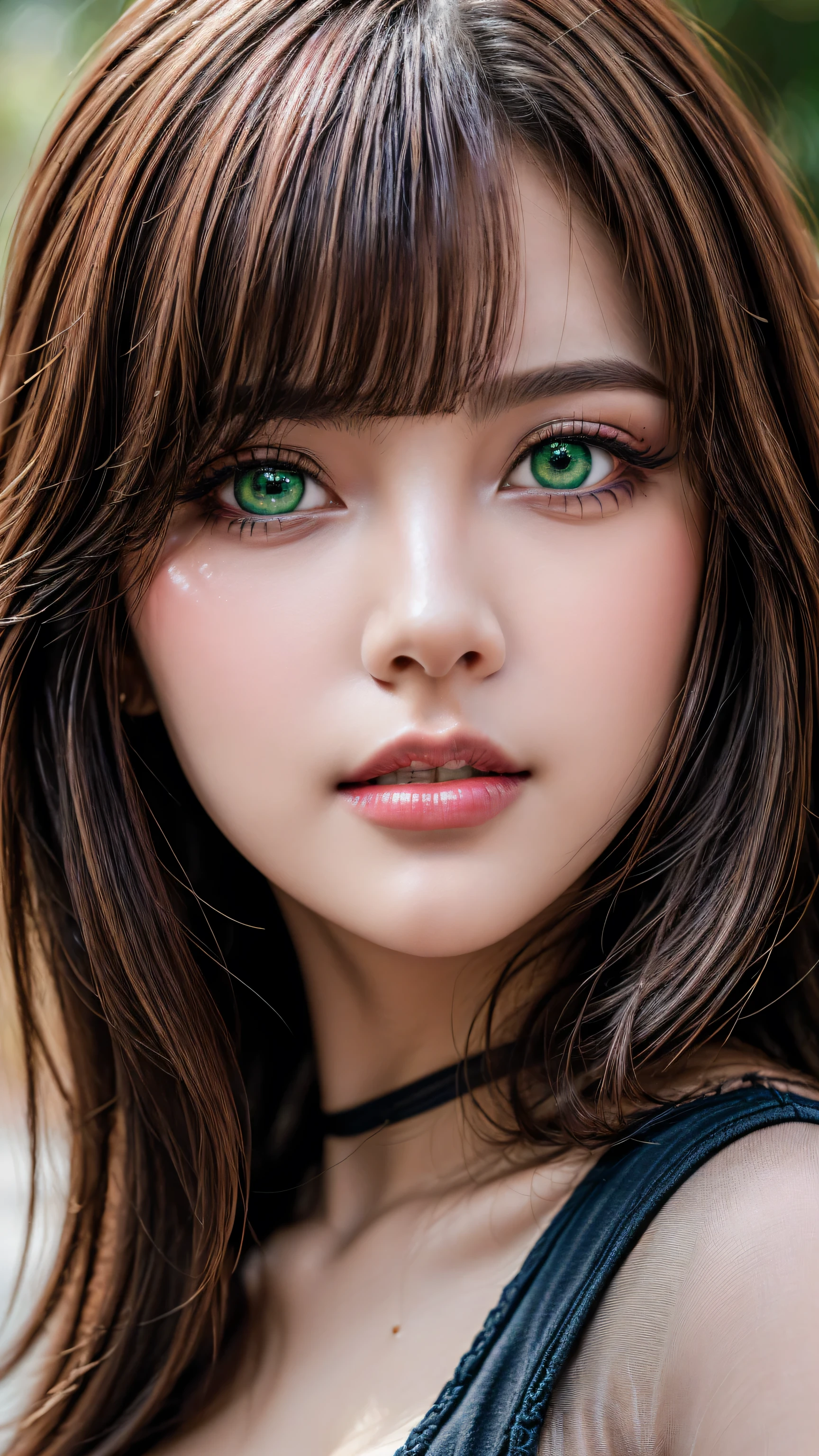photorealism 16K realism, (Hyper-realistic proportional body, anatomically correct:1.3), ((ultra-fine digital art)), ((intricately detailed beautiful face)), (light pale complexion), BREAK, ((small round head)),(high detailed realistic Super beautiful slim and sharp-face), (best highest detailed realistic green_eyes:1.25), (Hyperrealistic - sharp real human eyes)), (tired and sleepy and satisfied:0.0), (((close up of a woman's eyes:1.3)), perfect round eyes, finely detailed pupils,BREAK,detailed lips:1.3,pink_makeup:1.22, (long_blue_eyeliner:1.28), (red_lipstick:1.35),((perfect dark_eyeshadows:1.4)), (super detailed professional makeup on eyes:1.3), (Detailed nose:1.2), (best high quality real texture skin:1.3), (((red hair((bangs combed to the two side)), intricately details:1.35))), beautiful cheekbones, dramatic lighting, ((perfect composition)), pale skin, ((dry skin)), only 1 female, petticoats, ((high neckline)), (lace ultra details), (((detailed embroidery))), (Intricately detailed workmanship), ((unconventional skirt, transparent PVC in the shade of ORANGE:1.2)), ((Shiny ORANGE Transparent Holographic Full Bodysuit: 1.3)), cinematic light, detailed background of a large park with trees, dynamic pose, ((no decorations in the hair)), (dark shot:1.1), (firm normal full breasts), 