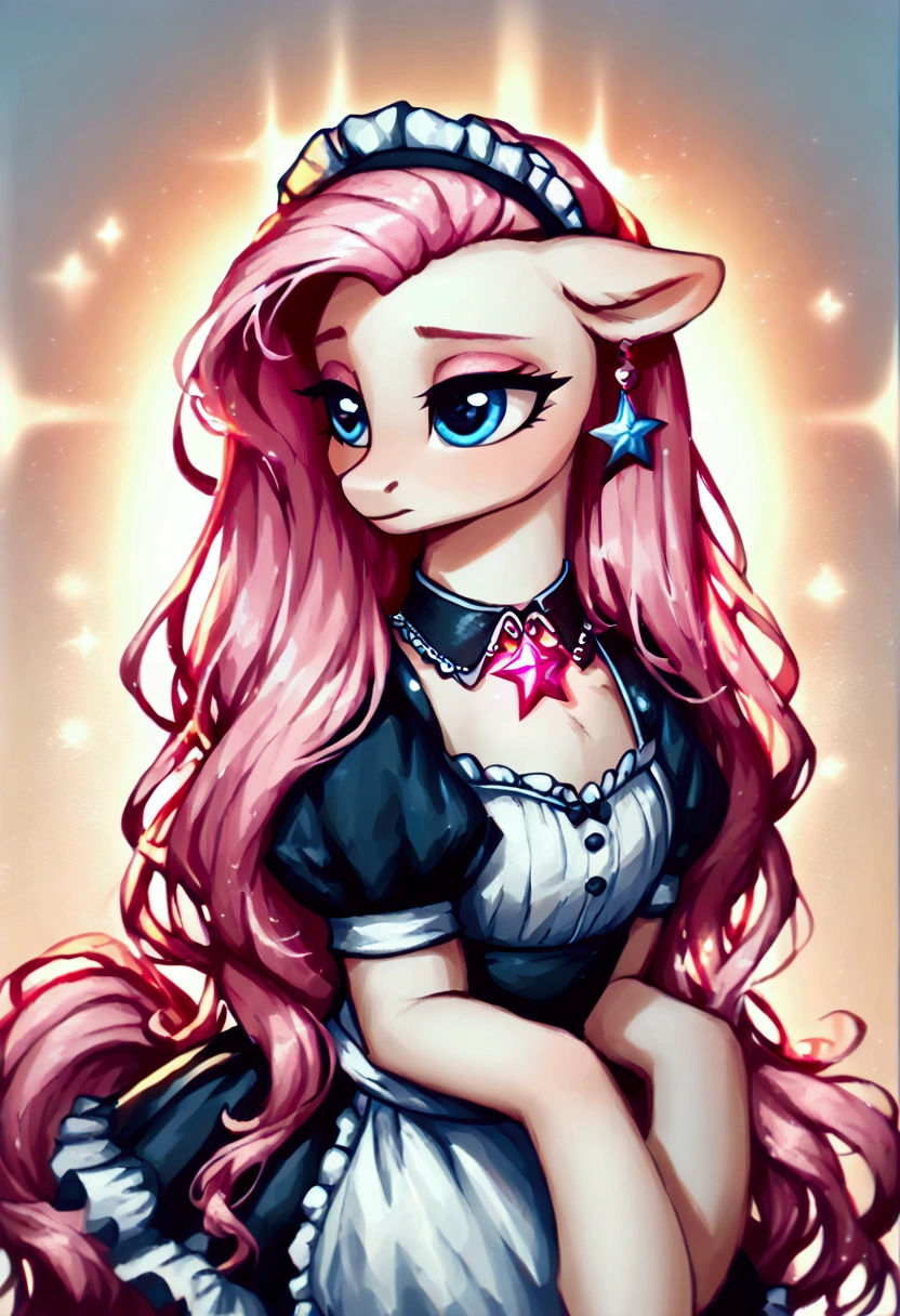 score_9,score_8_up,score_7_up,score_6_up, ((my little pony)), radiant lighting, vibrant colors, whimsical atmosphere, 8K, high resolution, highly detailed, masterpiece, (shy look), ((pony body)), white body, blue eyes, (maid costume), striped stockings, star pendant, earrings, eyeshadow, ((hot pink long hair:1.6))