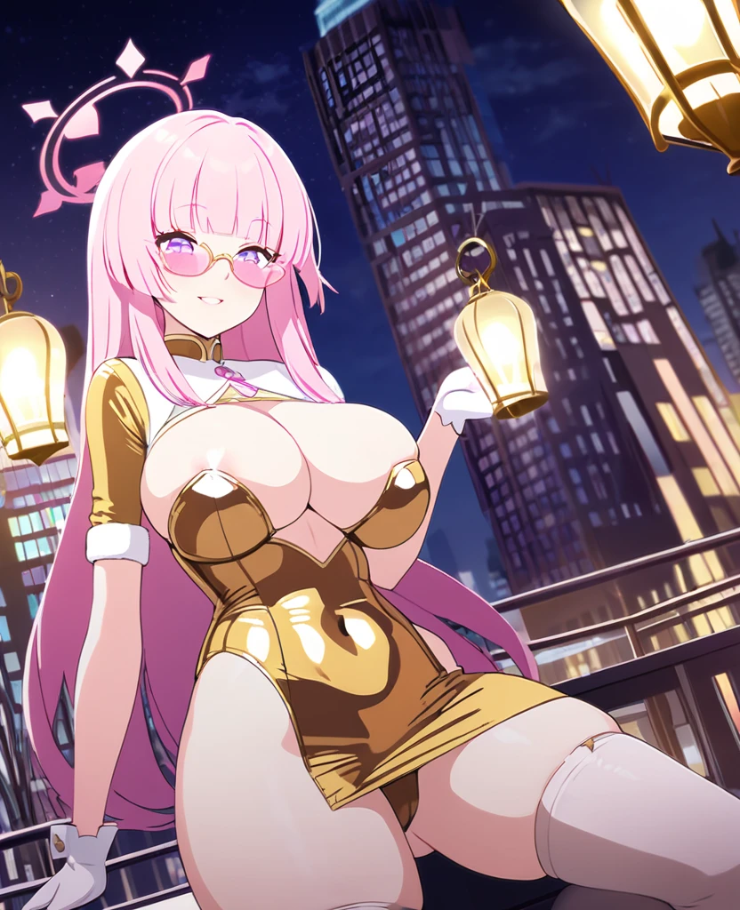 MILF, light pink hair, hime cut, long hair, erotic gold bodycon, J cup breast, thicc thigh, hourglass figure, nighttime city, clear view, charming smile, pink love shape glasses 