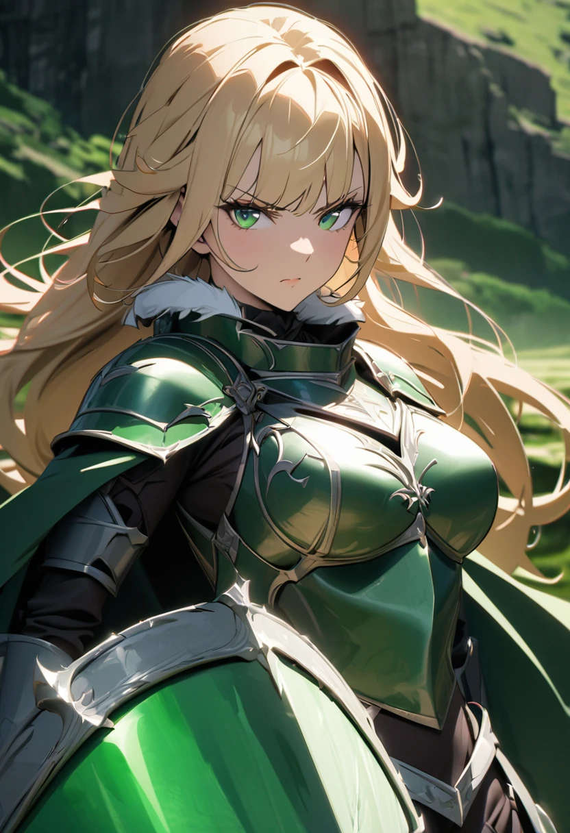 Mature woman, perfect anatomic draw, perfect eyes, short blondie hair, waved hair, straight bang down, beautiful eyes, grenn eyes, beautiful woman, serious face, grenn cape with fur collar, knight armor, magical green shield, in the valley, brave pose, sexy woman, 8k, high quality, full HD.