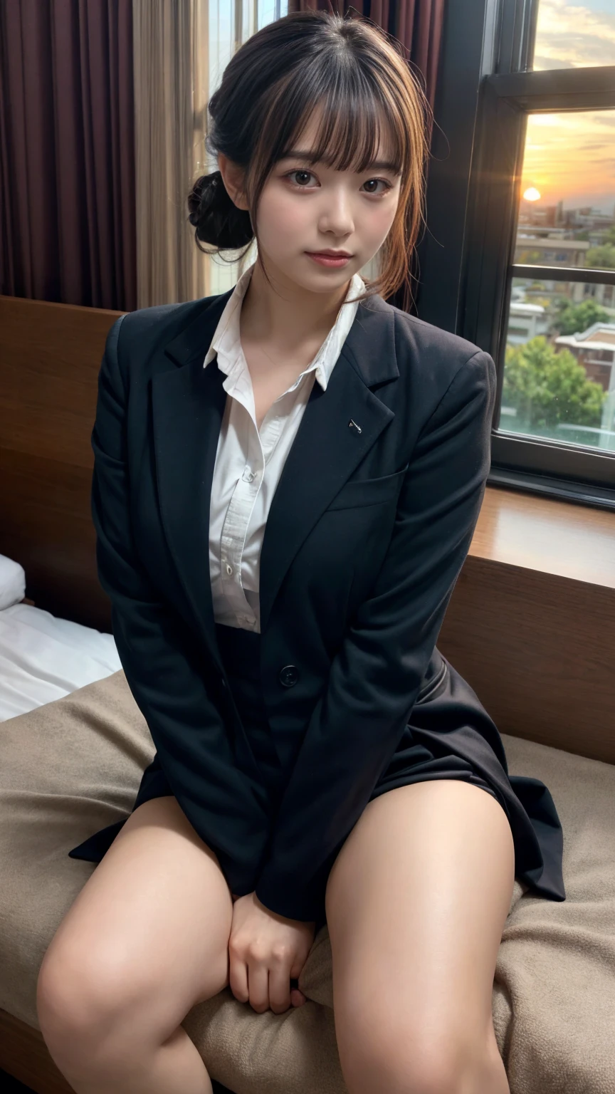 masterpiece, best quality, illustration, Super detailed, fine details, High resolution, 8K,wall paper, perfect dynamic composition,(Details High quality, realistic depiction of eyes:1.3), Office Lady, ,Suit,Collared shirt, Black Suit,Black jacket, updo, huge breasts, Colossal tits, black hair color, Big Natural Color Lip, bold sexy pose, crying a little、20 year old girl、cute type、lolita、beautiful legs, hotel room, full body photo、focus on crotch, hposing Gravure Idol, Sexy shot looking at camera, Sunset, by the window, Summer, make up, Curve