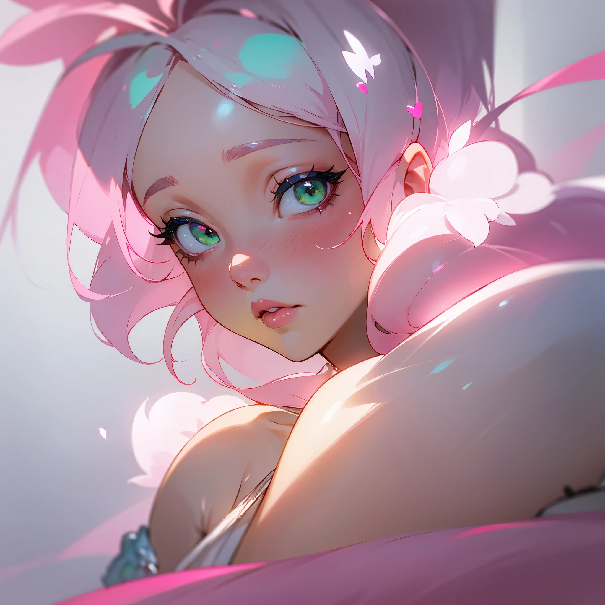 light pink hair, Surrealism, 8K, super detaill, gray green eyes, delicate princess outfit, clear face pink cheeks and heart lips