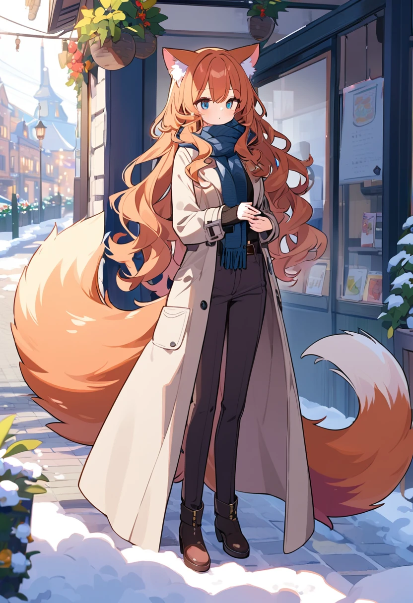 girl,beautiful,Wavy Hair,Long coat ,Scarf,Big tail,pants,Animal ears, 