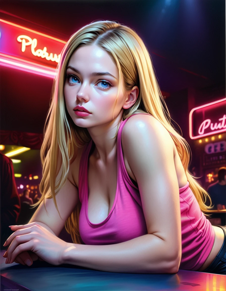 a beautiful young woman with long blonde hair, brown eyes, and bare shoulders, wearing a necklace and a sweater, looking directly at the viewer in a realistic club setting, (best quality,4k,8k,highres,masterpiece:1.2),ultra-detailed,(realistic,photorealistic,photo-realistic:1.37), 2girls, solo, colossal, full body, off shoulders, jewelry