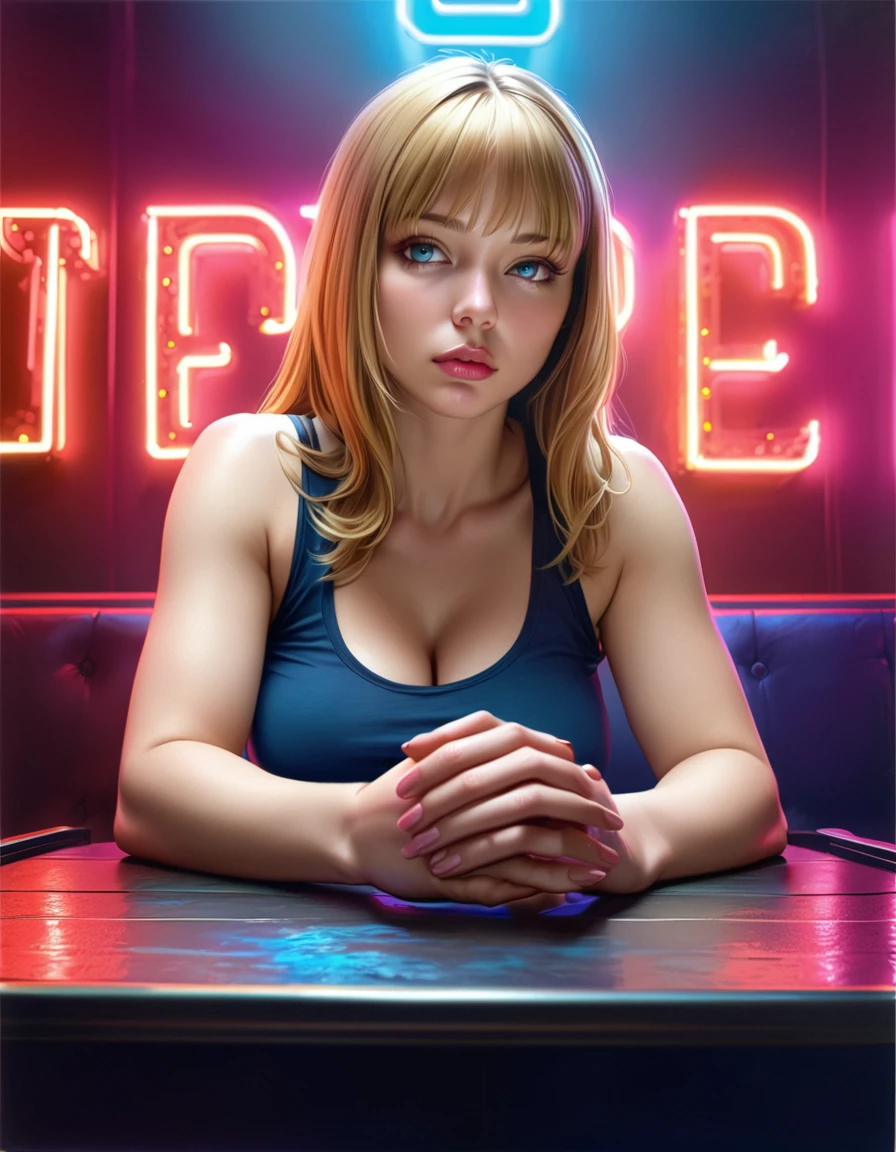 1girl, beautiful detailed eyes, beautiful detailed lips, extremely detailed eyes and face, long eyelashes, soft skin, pale skin, soft blush, blonde straight hair, tank top, bare shoulders, high-waisted shorts, looking at viewer, plump lips, beautiful blue eyes, realistic background, nightclub, neon lights, (best quality,4k,8k,highres,masterpiece:1.2),(realistic,photorealistic,photo-realistic:1.37),vibrant colors,dramatic lighting,intricate details, resting hands on the table