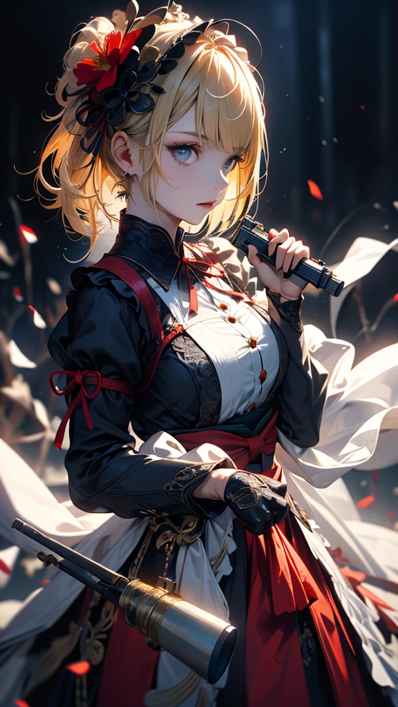 masterpiece, high quality, 4K, Beautiful design, silhouette,blonde, 非常に詳細な夜のStarry Sky,Flower Field, wonderful, Finer details, Very knowledgeable woman, Highly detailed solo, 1 female,Big Breasts,Red fabric gothic lolita fashion,2Hold the gun in front of your chest.,Night view,Starry Sky,full moon,