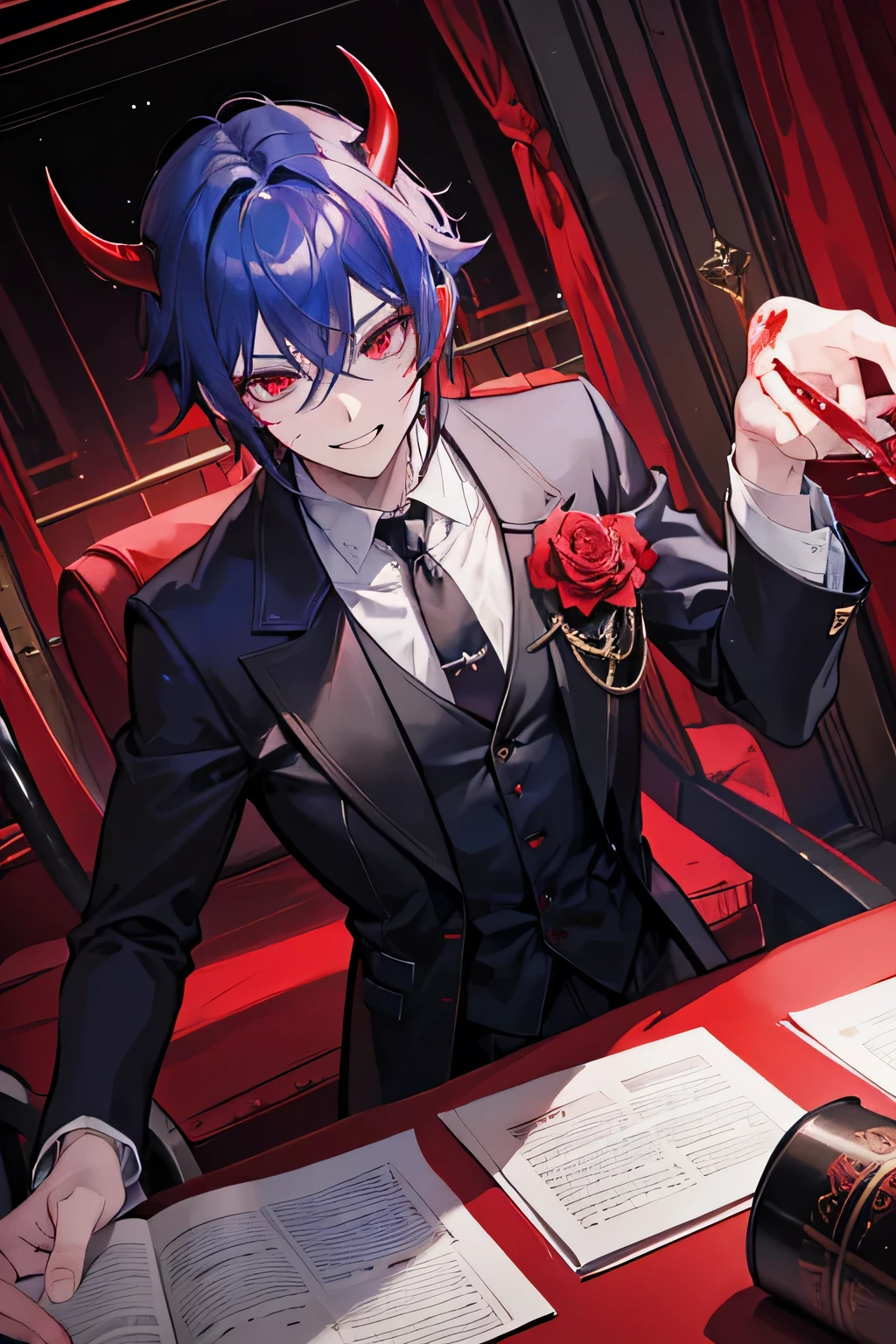 A handsome man, demon, butler, control blood, smiling, red crimson eyes color, dark blue hair color, demon horns, demon tails, demon wing, a lot of blood going around the place, 27-year-old, laughing, bloody rain, holding blood rose.