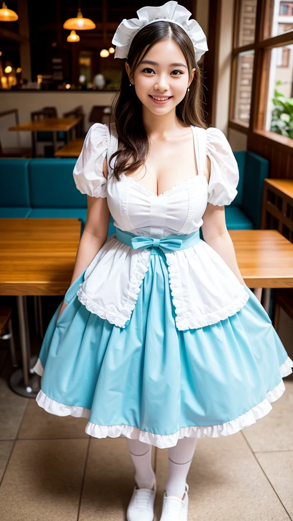 ((13 year old girl)), ((pale skin)), ((very pale skin)), wavy auburn hair with bangs, blue eyes, freckles, french maid uniform with breasts exposed, huge breasts, in garden