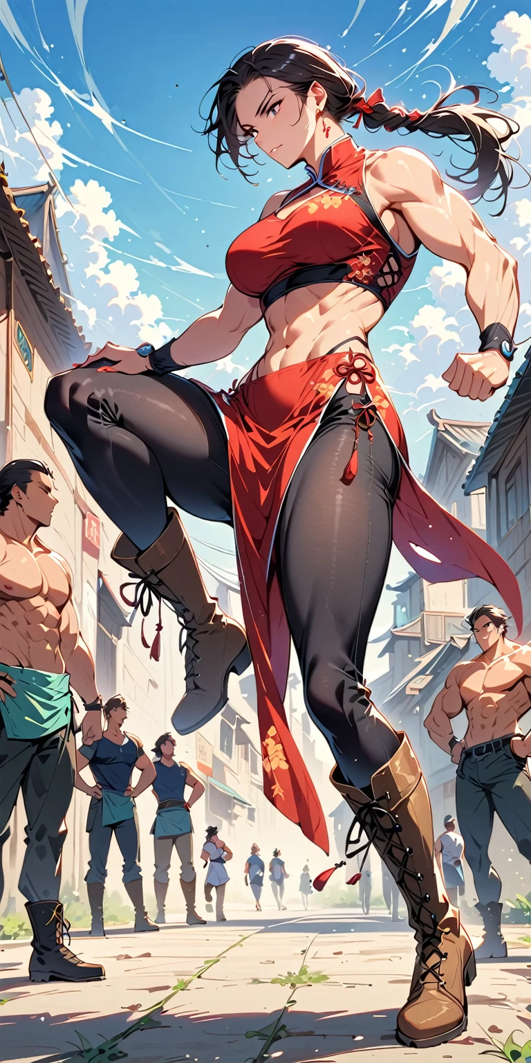 beautiful muscular woman and doing a knee strike, six pack, no men in background , Chinese dress crop top, and leggings and boots, full body portrait
