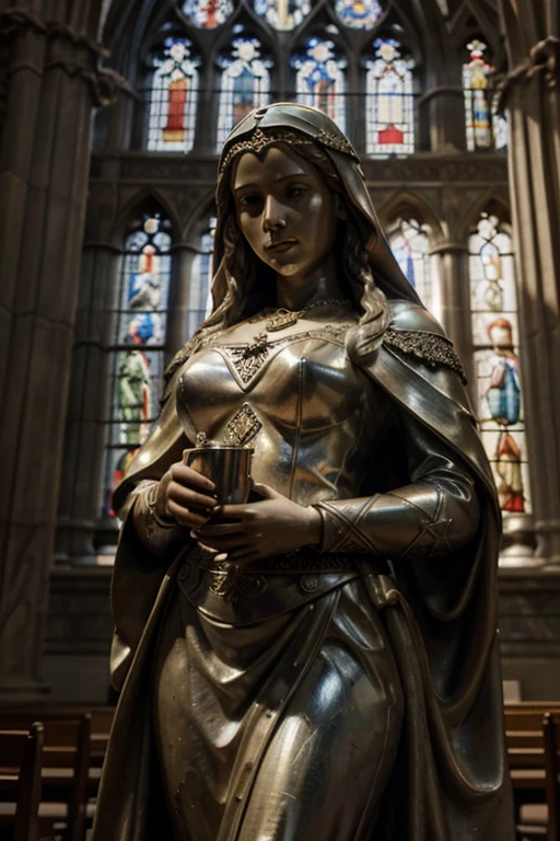 a detailed statue of the virgin of saint barbara, holding a cup in one hand and a sword in the other, highly realistic, intricate gothic architecture, detailed marble sculpture, dramatic cinematic lighting, chiaroscuro lighting, cathedral interior, stained glass windows, renaissance art style, classical sculpture, masterpiece, photorealistic, 8k, best quality