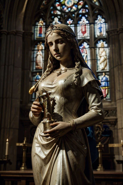 a detailed statue of the virgin of saint barbara, holding a cup in one hand and a sword in the other, highly realistic, intricate gothic architecture, detailed marble sculpture, dramatic cinematic lighting, chiaroscuro lighting, cathedral interior, stained glass windows, renaissance art style, classical sculpture, masterpiece, photorealistic, 8k, best quality
