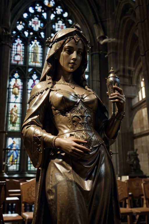 a detailed statue of the virgin of saint barbara, holding a cup in one hand and a sword in the other, highly realistic, intricate gothic architecture, detailed marble sculpture, dramatic cinematic lighting, chiaroscuro lighting, cathedral interior, stained glass windows, renaissance art style, classical sculpture, masterpiece, photorealistic, 8k, best quality