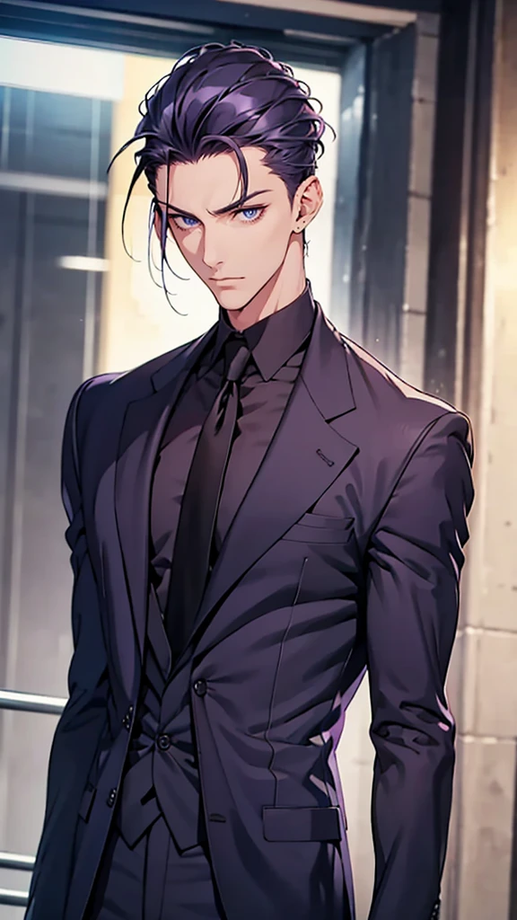 Male, blue eyes, purple slicked back hair, navy blue checkered suit, thin eyebrows, slim body, upper body