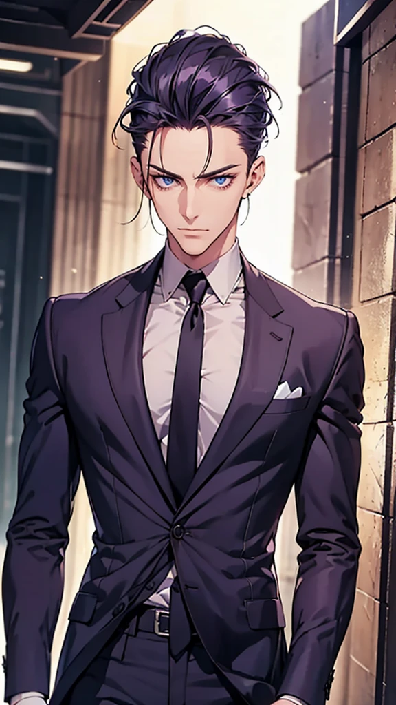 Male, blue eyes, purple slicked back hair, navy blue checkered suit, thin eyebrows, slim body, upper body