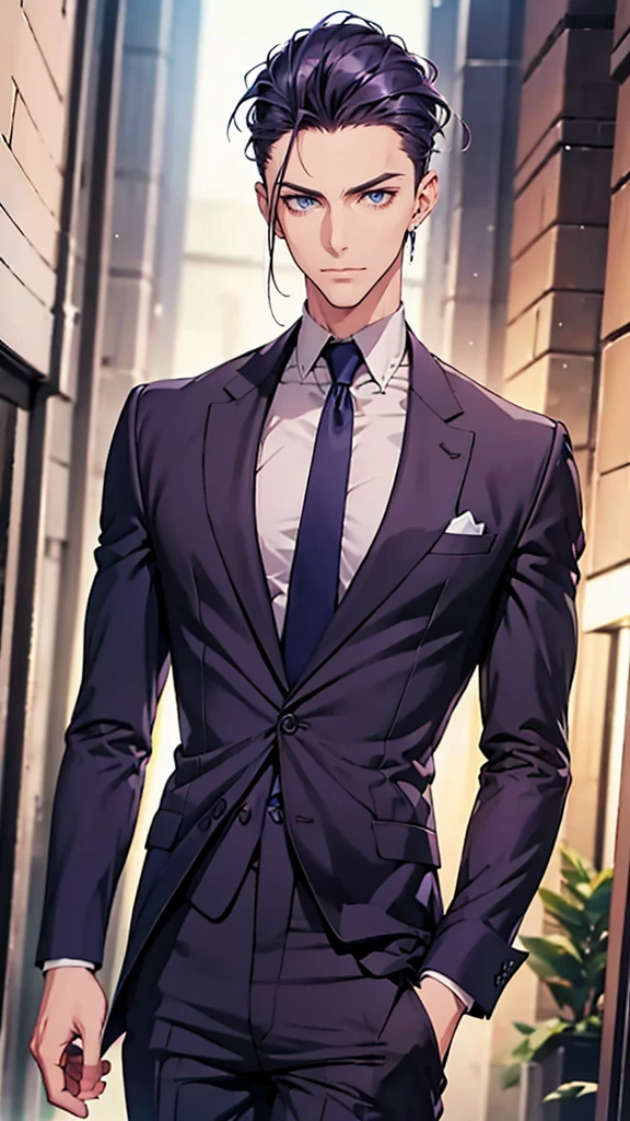 Male, blue eyes, purple slicked back hair, navy blue checkered suit, thin eyebrows, slim body, upper body