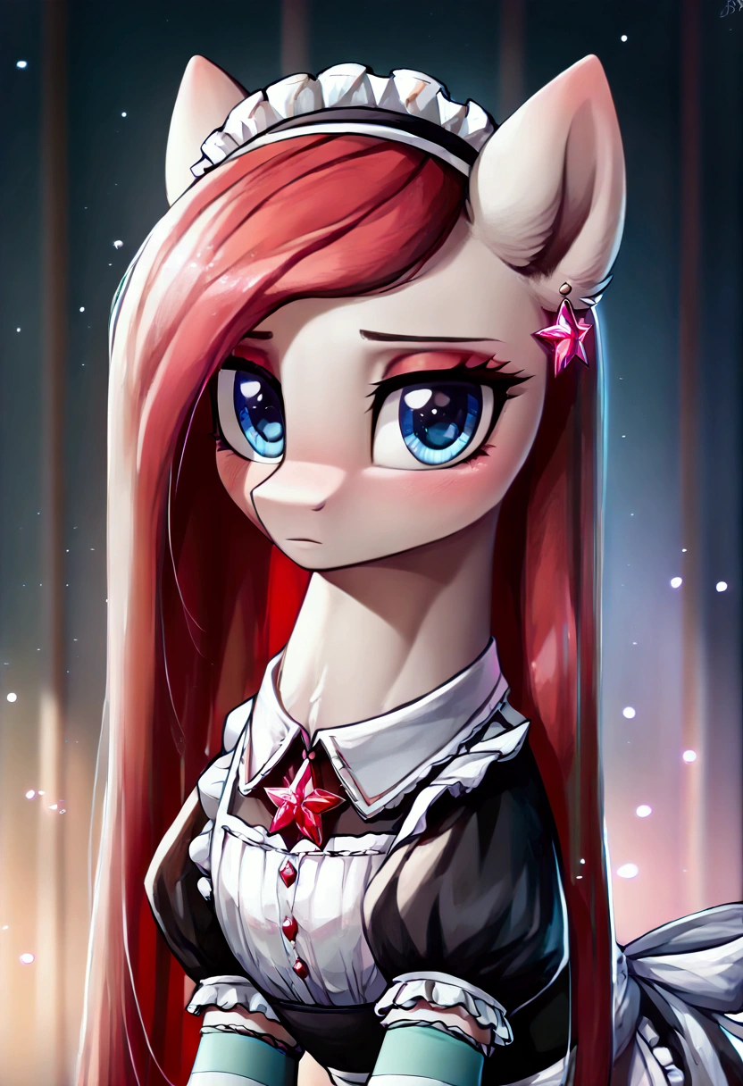 score_9,score_8_up,score_7_up,score_6_up, ((my little pony)), radiant lighting, vibrant colors, whimsical atmosphere, 8K, high resolution, highly detailed, masterpiece, (shy look), ((pony body)), white body, blue eyes, (maid costume), striped stockings, star pendant, earrings, eyeshadow, ((fuscia long hair:1.6))
