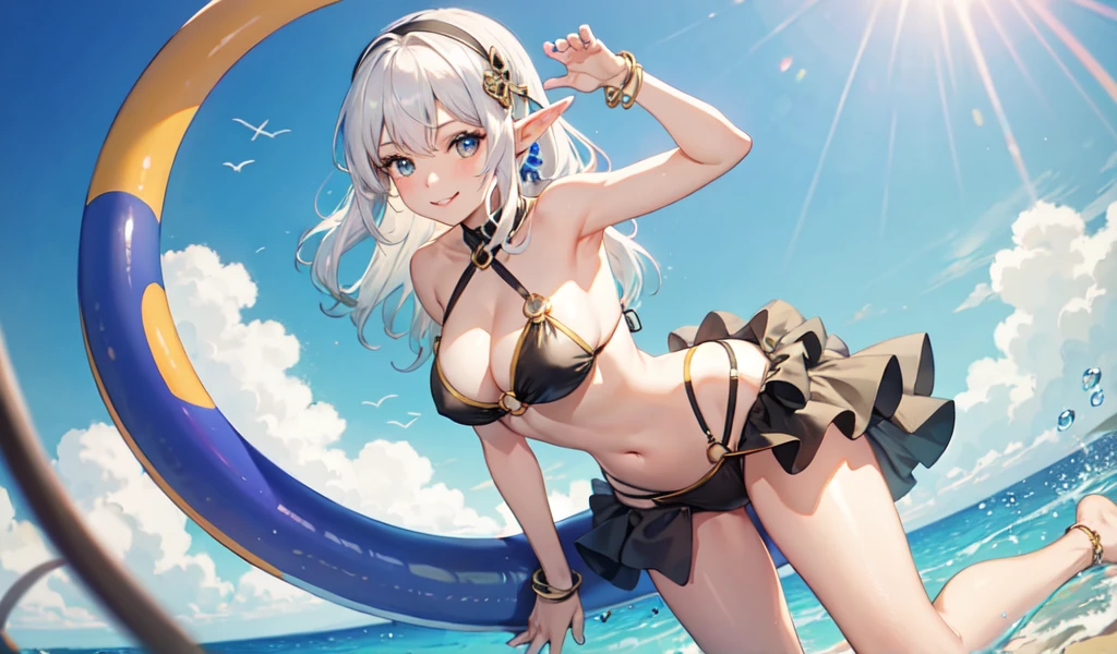 Create a high-quality anime image of a beautiful female elf character standing confidently. She has white hair and a hair accessory.
She is wearing a stylish, revealing bikini with great attention to detail.
The character is standing with her feet shoulder-width apart, holding a colorful float ring vertically in both hands. The float ring is placed on the ground, perfectly positioned so that her bikini area is visible through the ring. She is looking at you with a seductive smile.
The setting is a sandy beach. The overall atmosphere is seductive and sensual.