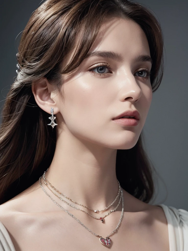 Close-up of a woman wearing a necklace with a chain, By Russette Barker, Emma Andievska, lv jewelry, Official Vogue editorial, Neck Chain, Inspired by Marie-Gabrielle Capet, Silver Jewelry, profile image, In the style of Crom Heart, Wearing many medals, official dior editorial, heather hudson, by Winona Nelson