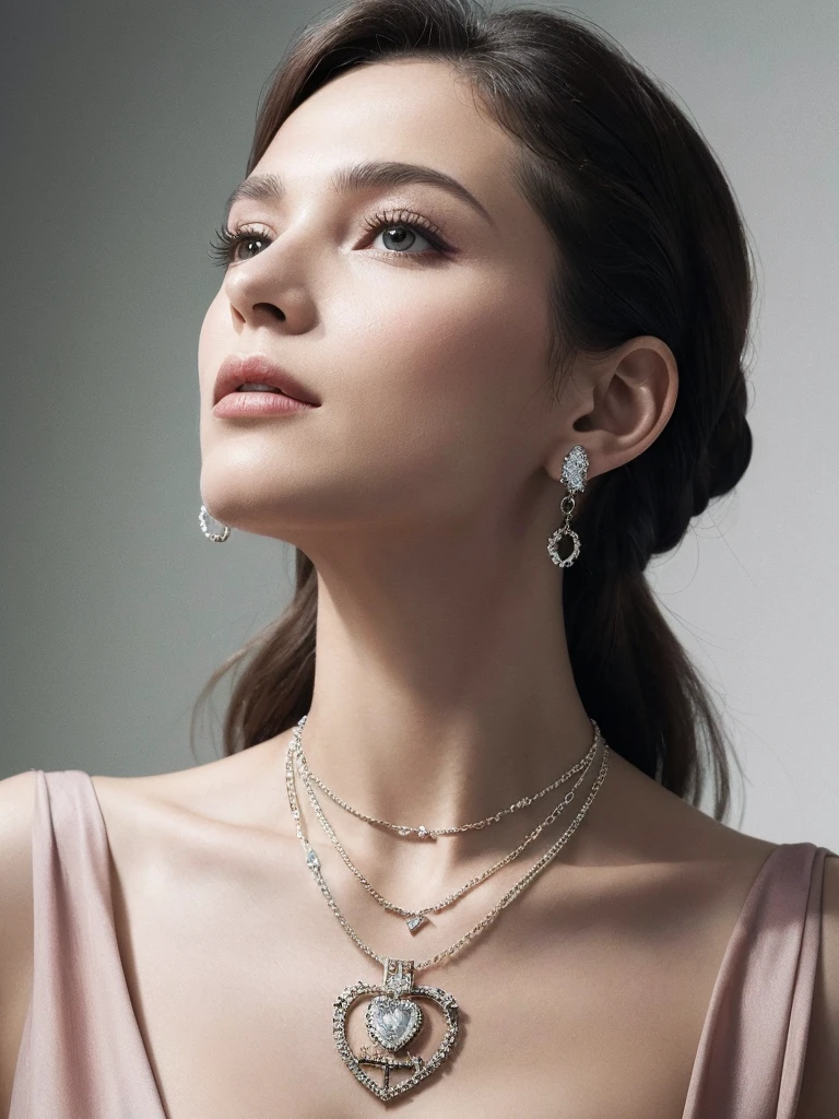 Close-up of a woman wearing a necklace with a chain, By Russette Barker, Emma Andievska, lv jewelry, Official Vogue editorial, Neck Chain, Inspired by Marie-Gabrielle Capet, Silver Jewelry, profile image, In the style of Crom Heart, Wearing many medals, official dior editorial, heather hudson, by Winona Nelson